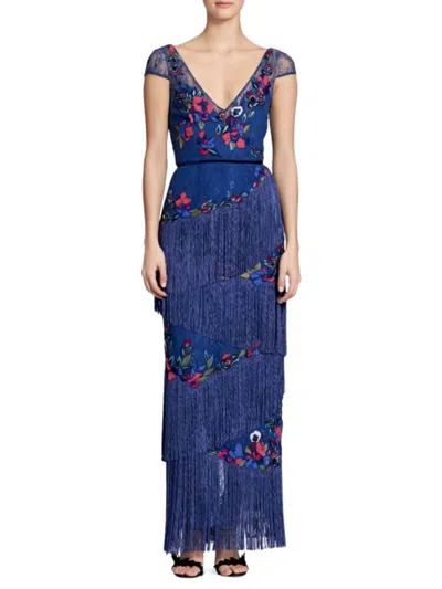 Pre-owned Marchesa Notte $1295  Cap Sleeve Fringe Gown Dress Blue Embroidery Lace 8 16