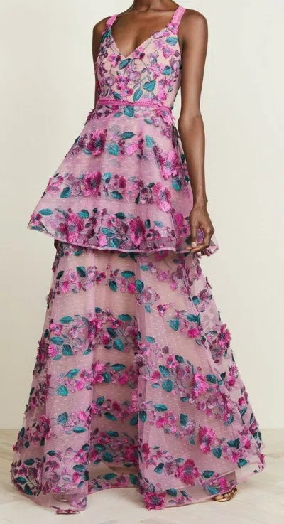 Pre-owned Marchesa Notte $1295  Floral Embroidered Tiered Gown Fringe Pink Lace 0