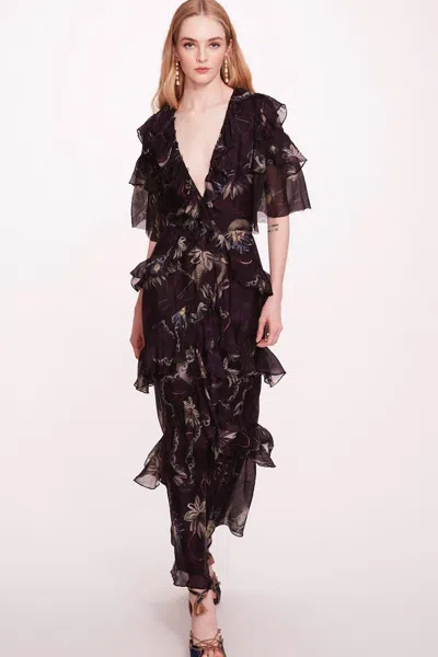 Marchesa Notte 3/4 Sleeve Silk Maxi-dress In Multi