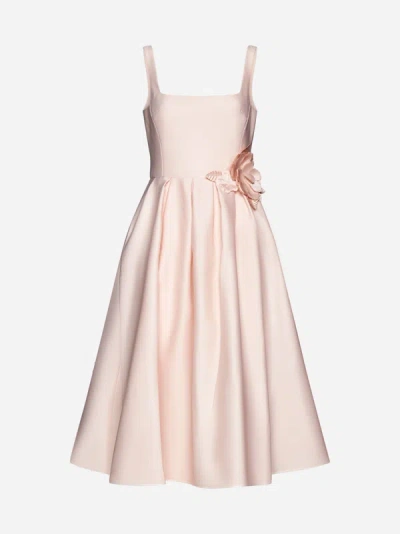 Marchesa Notte Floral-appliqué Satin Midi Dress In Pink