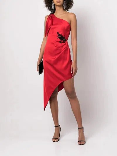 Pre-owned Marchesa Notte $595  One Shoulder Asymmetrical Satin Dress Beaded Red 4 8 12