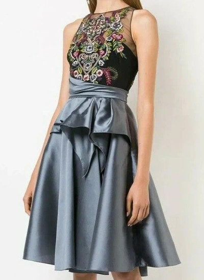 Pre-owned Marchesa Notte $795  Embroidered Top Flared Mikado Dress Gunmetal Grey 0 2 In Gunmetal Grey Black