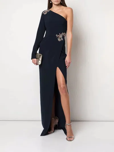 Pre-owned Marchesa Notte $795  One Shoulder Stretch Crepe Navy Gown Beaded Slit 2 12 In Blue