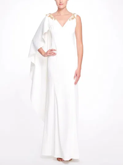 Pre-owned Marchesa Notte $895  Asymmetric Cape Gown Ivory White Sleek Satin Gold Jewel