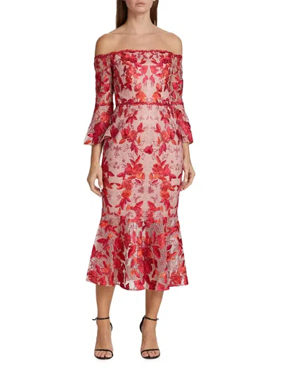 Pre-owned Marchesa Notte $895  Embroidery Tea Length Dress Off Shoulder Red 0 2 4 6 8
