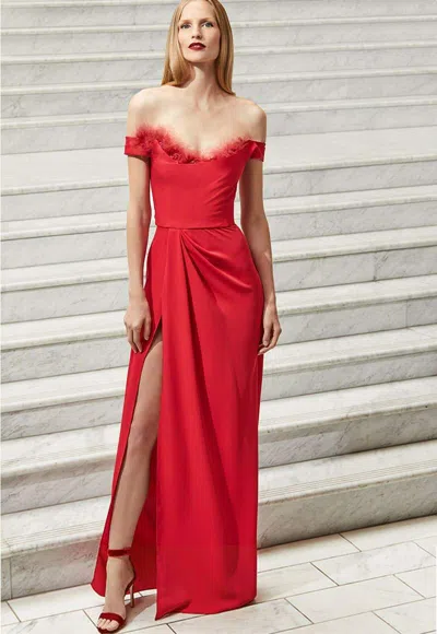 Pre-owned Marchesa Notte $895  Off The Shoulder High Slit Gown Red Maxi Dress 0 12 16