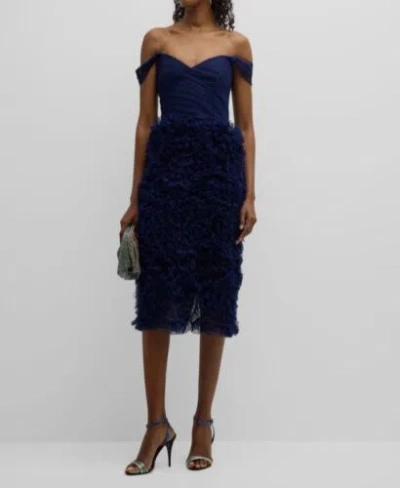 Pre-owned Marchesa Notte $895  Women's Blue Polka Dot Ruffled Off-shoulder Dress Size 10