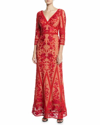 Pre-owned Marchesa Notte $995  Guipure Lace V Neck 3/4 Sleeve Gown Red Embroidered 6