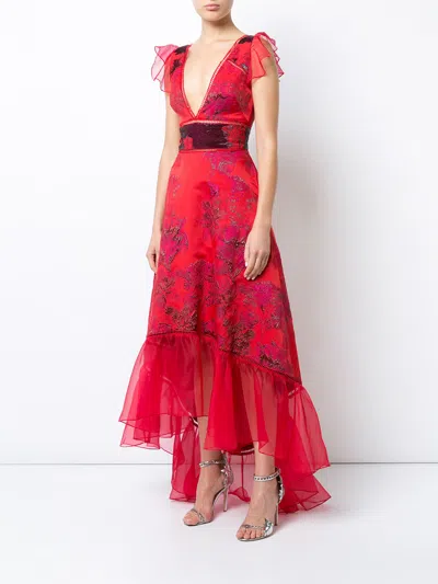 Pre-owned Marchesa Notte $995  Metallic Brocade High Low Asymmetric Gown Red 8 12