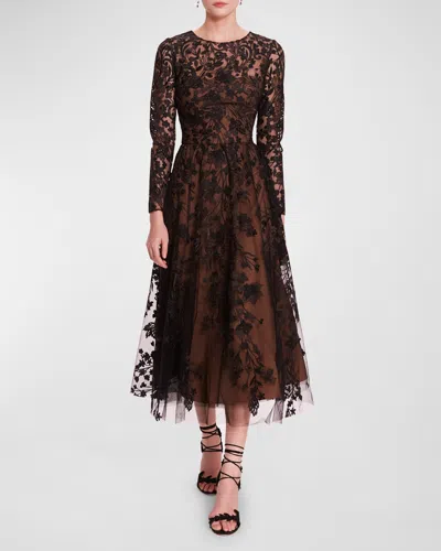 Marchesa Notte A-line Floral Fil Coupe Midi Dress In Brown