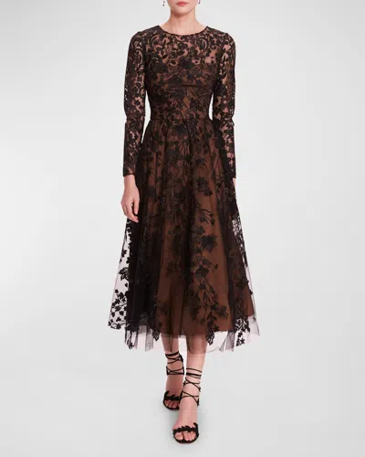 Marchesa Notte A-line Floral Fil Coupe Midi Dress In Multi