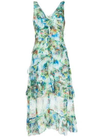 Marchesa Notte Abstract-print Sleeveless Midi Dress In Green