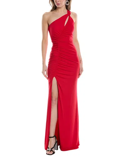 Marchesa Notte Asymmetrical Halter Gown In Red