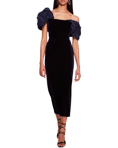 Marchesa Notte Asymmetrical Velvet Midi Dress In Black