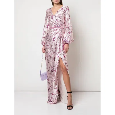 Marchesa Notte Bishop Sleeve Floral Print Charm Gown In Pink