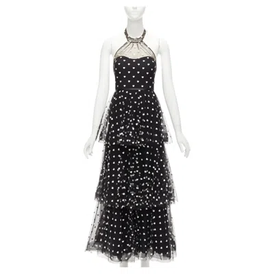 Pre-owned Marchesa Notte Black Mesh White Heart Embroidered Halter Neck Tiered Gown Us0 Xs