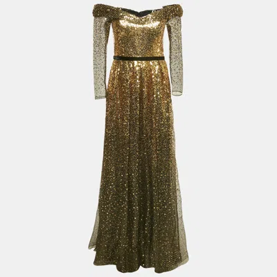 Marchesa Notte Black/gold Sequin Embellished Tulle Off Shoulder Gown