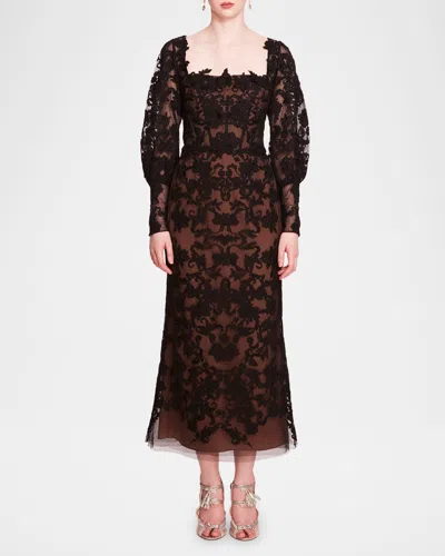 Marchesa Notte Blouson-sleeve Lace And Applique Maxi Dress In Multi