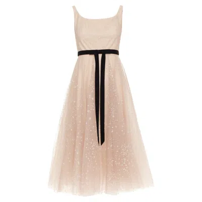 Marchesa Notte Blush Pink Glitter Tulle Black Velvet Bow Tea Length Gown Us2 S In Neutral