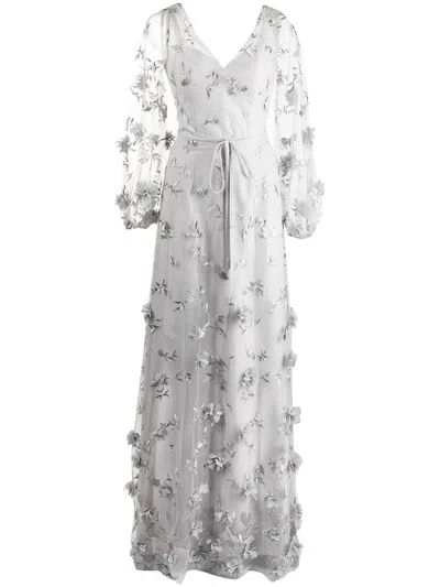 Marchesa Notte Bridesmaids Floral-detail Puff-sleeve Gown In Grau