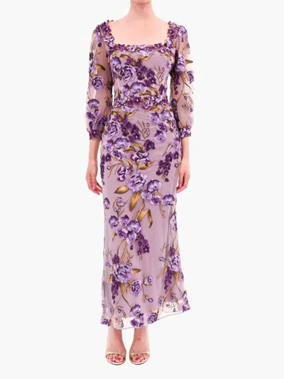 Marchesa Notte Bronix Botanicals Long Sleeve Midi Dress In Purple In Multi