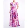 Marchesa Notte Cape-effect Bow-embellished Floral-print Chiffon Gown In Multi
