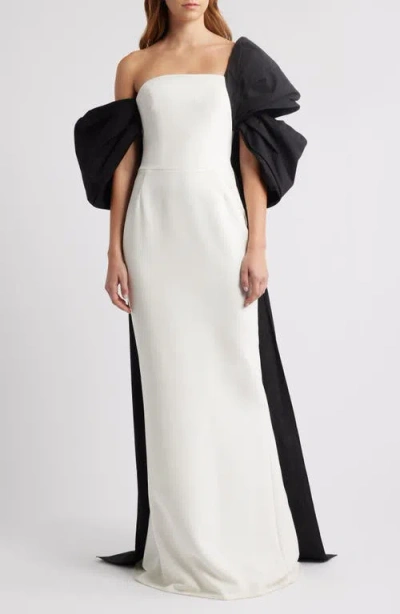 Marchesa Notte Cape Back Column Gown In Ivory Black