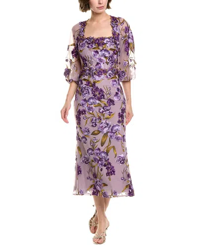 Marchesa Notte Orchid And Rose Embroidered Tulle Cocktail Dress In Purple In Pink
