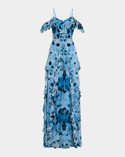 Marchesa Notte Cold-shoulder Ruffle Chiffon Gown In Blue
