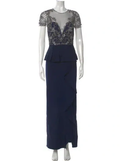 Pre-owned Marchesa Notte Crew Neck Long Dress In Blue