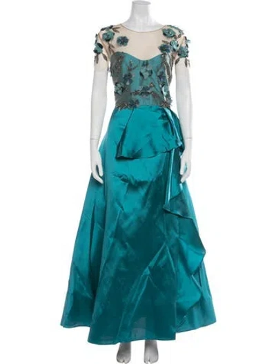 Pre-owned Marchesa Notte Crew Neck Long Dress In Blue/neutrals
