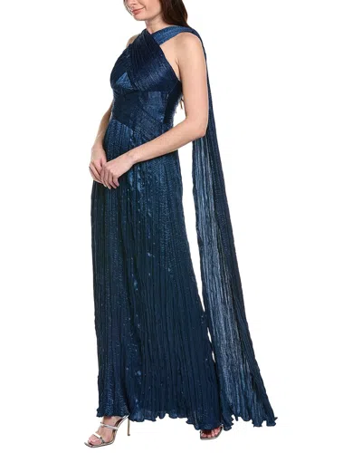 Marchesa Notte Crimped Satin Gown In Blue