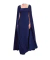 Marchesa Notte Caped Shoulders Crepe Gown In Blue