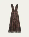 Marchesa Notte Deep V-neck Embroidered Tulle Midi Dress In Black