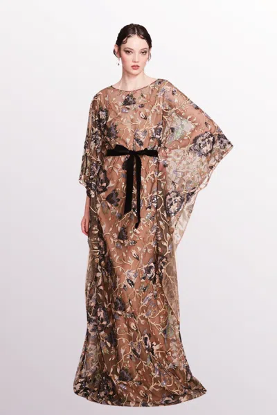 Marchesa Notte Draped Long Sleeve Tulle Dress In Multi