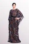 MARCHESA NOTTE DRAPED LONG-SLEEVE TULLE DRESS