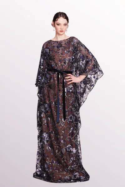 Marchesa Notte Draped Long-sleeve Tulle Dress In Multi