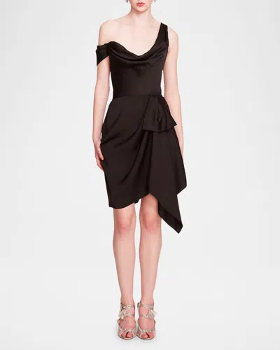 Marchesa Notte Draped One-shoulder Satin Dress In Black