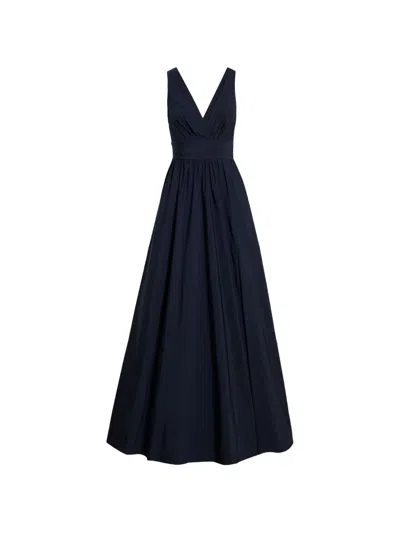 Marchesa Notte Draped Taffeta Maxi Gown In Blue