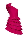 Marchesa Notte Taffeta One-shoulder Tiered Mini Dress In Fuchsia