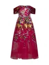 Marchesa Notte Off-the-shoulder Embroidered Charmeuse And Tulle Midi Dress In Fuchsia