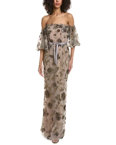 Marchesa Notte Embellished Gown In Gray