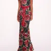 MARCHESA NOTTE EMBROIDERED BOAT NECK GOWN