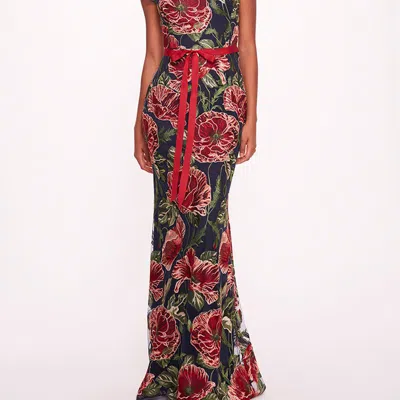Marchesa Notte Embroidered Boat Neck Gown In Green