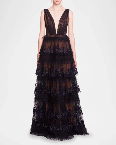 Marchesa Notte Embroidered Deep V-neck Ruffle Gown In Multi