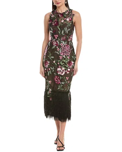 Marchesa Notte Embroidered Floral Midi Dress In Black