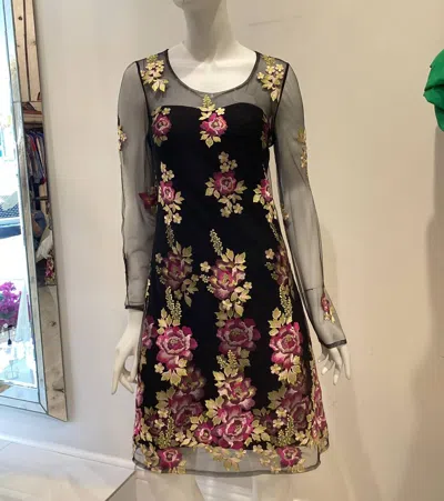 Marchesa Notte Embroidered Flower Dress In Black