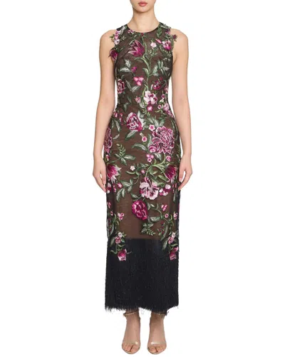 Marchesa Notte Fringed Embroidered Tulle Midi Dress In Multi