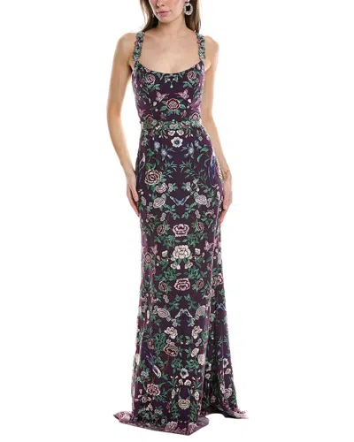 Marchesa Notte Embroidered Gown In Purple