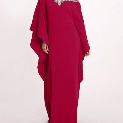 Marchesa Notte Embroidered Illusion Kaftan Dress In Red